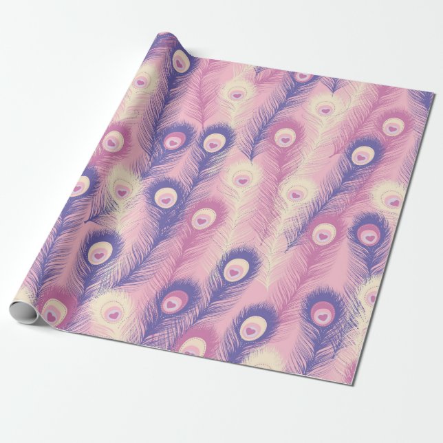 Valentine Peacock Feder Nahtloses Muster in Rosa Geschenkpapier (Ungerollt)