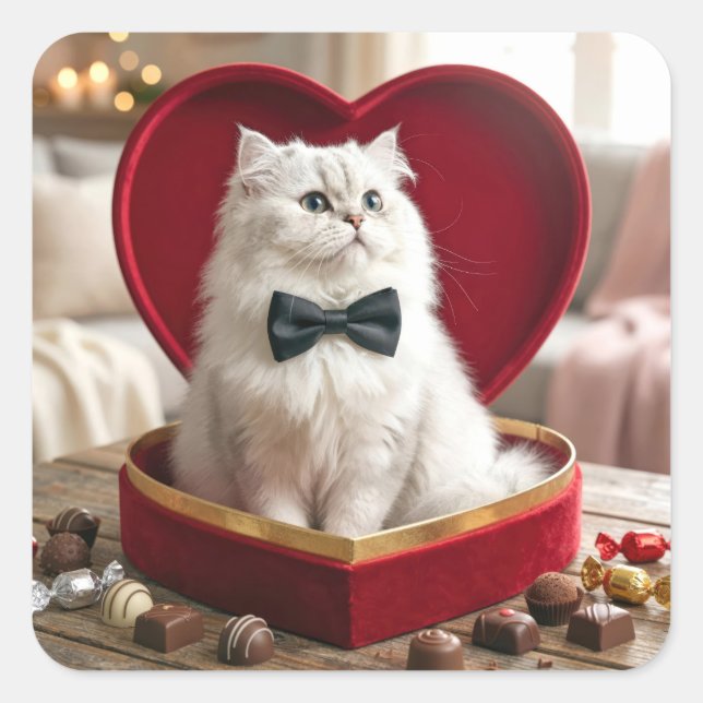 Valentine Persian Cat In Chocolate Candy Box Quadratischer Aufkleber (Vorderseite)