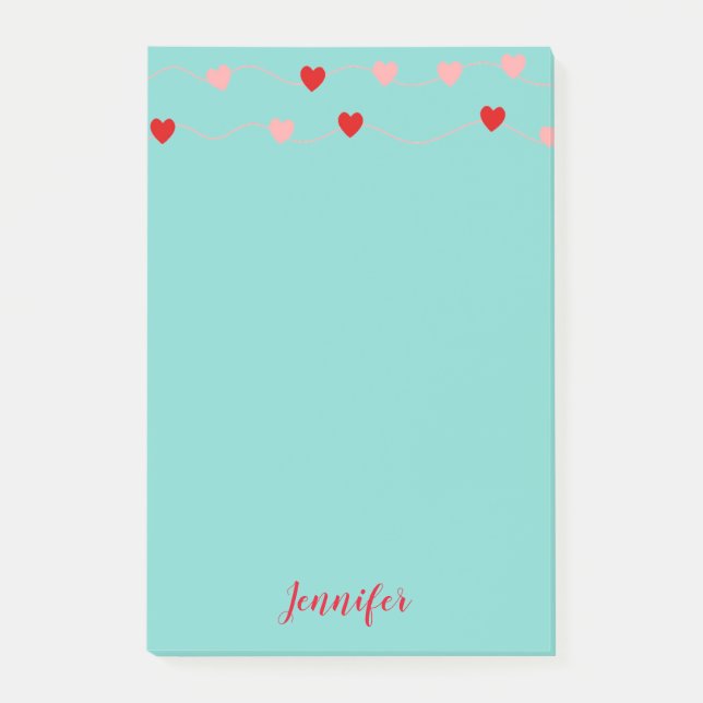 Valentine Pink Aquamarin String Hearts Personalisi Post-it Klebezettel (Vorderseite)