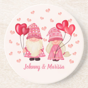 Valentine Pink Gnome Red Hearts Couple Names Getränkeuntersetzer
