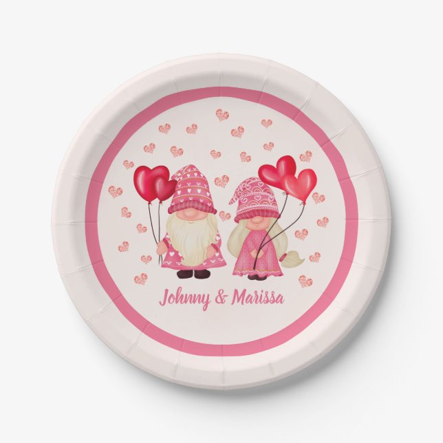 Valentine Pink Gnome Red Hearts Couple Names Pappteller (Vorderseite)