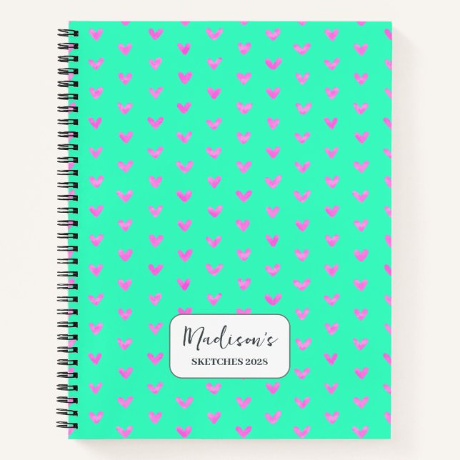 Valentine Pink Hearts Bright Green Personalisiert Notizbuch (Vorderseite)