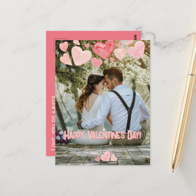 Valentine Pink Hearts Overlay Add your own Foto Postkarte (Vorderseite/Rückseite Beispiel)
