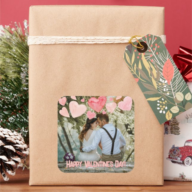 Valentine Pink Hearts Overlay Add your own Foto Quadratischer Aufkleber (Feiertag)