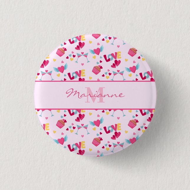 Valentine Pink Liebe Letters Muster Eleganter Name Button (Vorderseite)