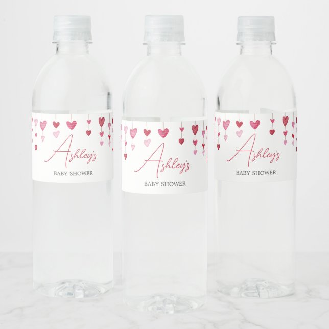 Valentine Pink Red Heart Baby Dusche Wasserflaschenetikett (Flaschen)