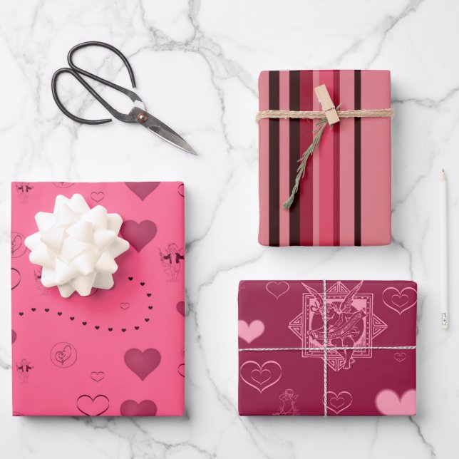 Valentine Pink Rote Herzen Niedlich Geschenkpapier Set (Vorderseite)