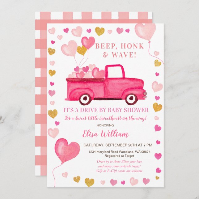 Valentine Pink Truck Drive by Baby Dusche Einladung (Vorne/Hinten)