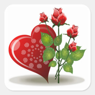 VALENTINE RED HEART AND ROTE ROSEN SQUARE STICKER