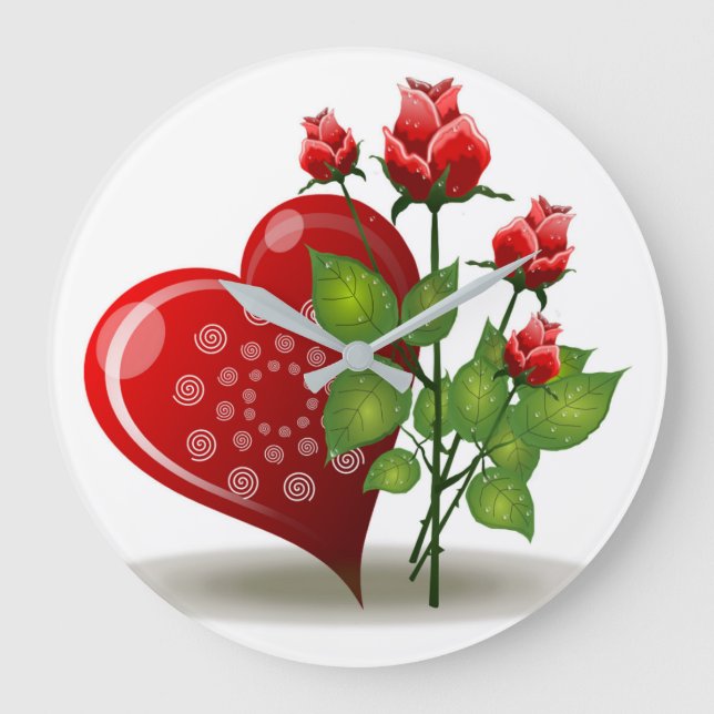 VALENTINE RED HEART UND ROTE ROSEN GROßE WANDUHR (Vorderseite)