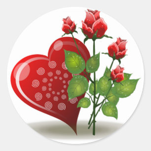 VALENTINE RED HEART UND ROTE ROSEN RUNDER AUFKLEBER