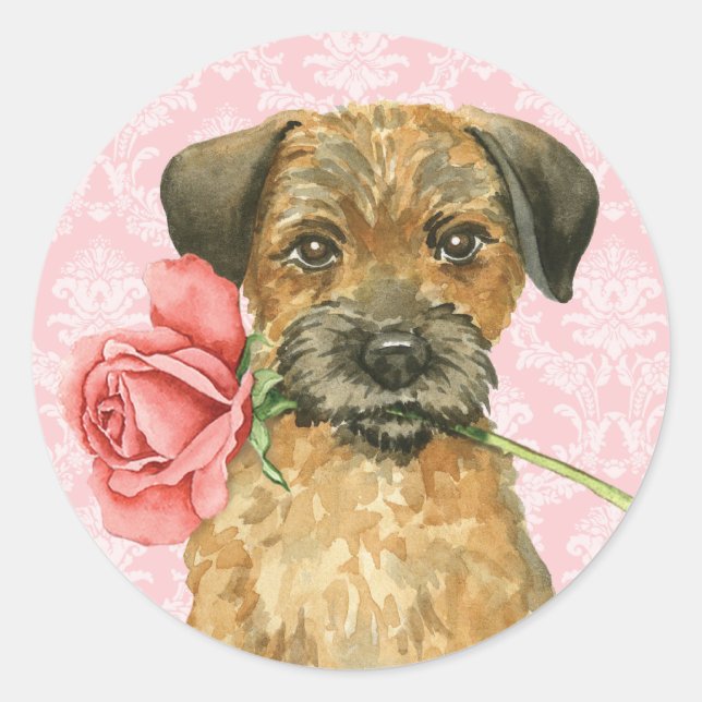 Valentine Rose Border Terrier Runder Aufkleber (Vorderseite)