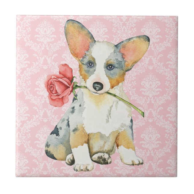 Valentine Rose Cardigan Welsh Corgi Fliese (Vorderseite)