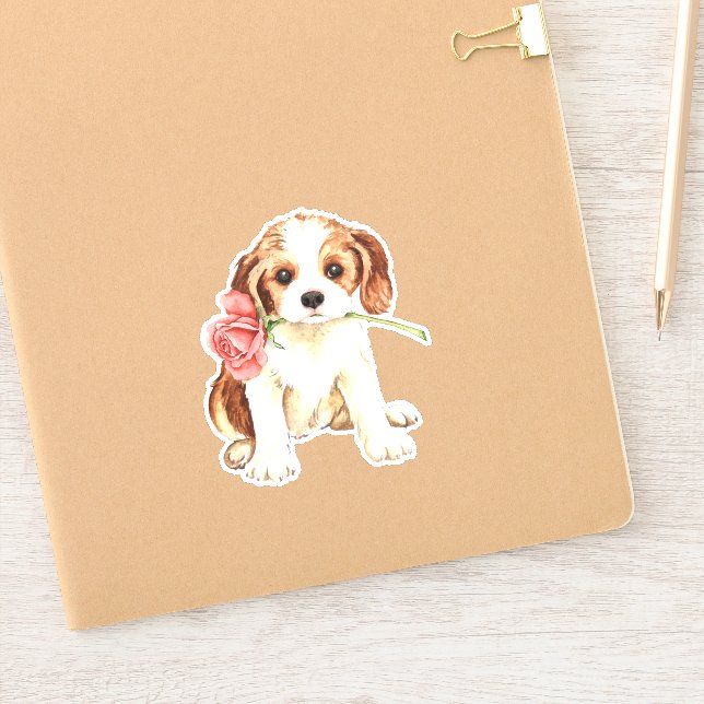 Valentine Rose Cavalier King Charles Spaniel Vinyl Aufkleber (Notizbuch)