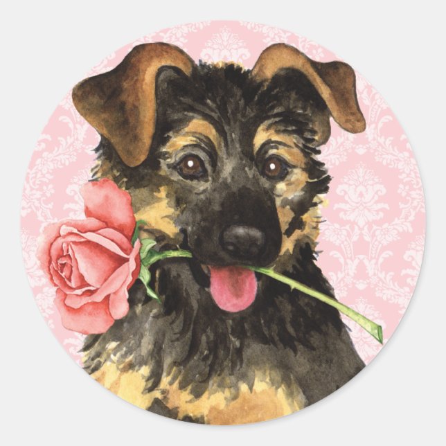 Valentine Rose GSD Runder Aufkleber (Vorderseite)