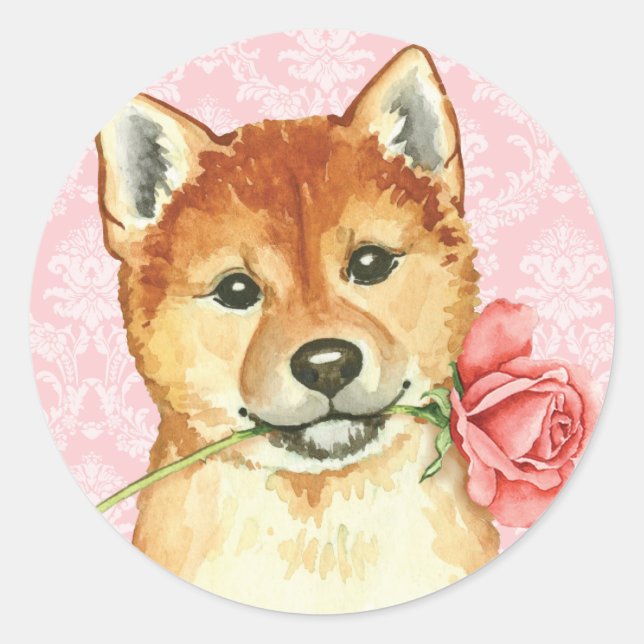 Valentine-Rose Shiba Inu Runder Aufkleber (Vorderseite)