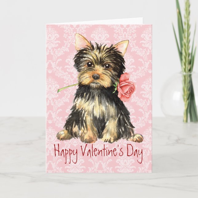 Valentine Rose Yorkie Feiertagskarte (Vorderseite)