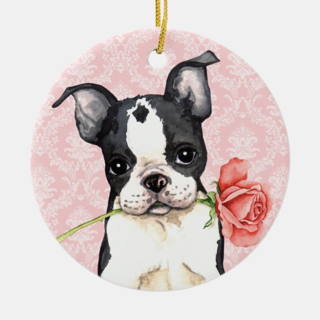Valentine-Rosen-Boston-Terrier Keramik Ornament (Vorne)