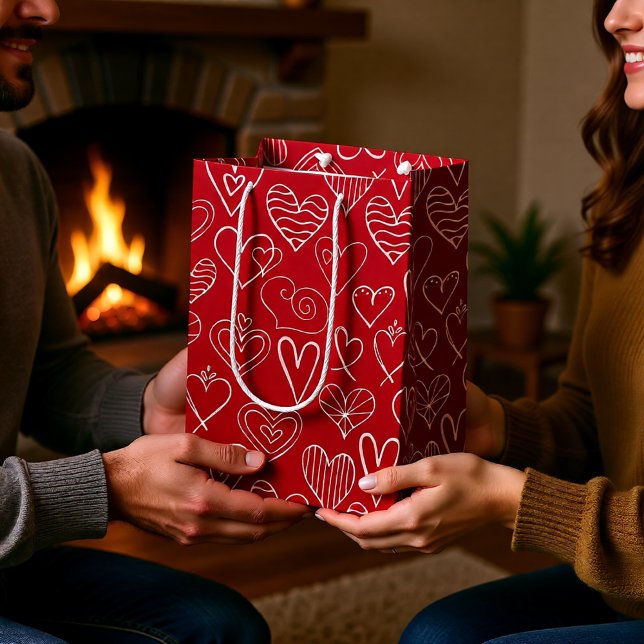 Valentine rotes Herzmuster Mittlere Geschenktüte (Romantic Red and White Hand-Drawn Heart Valentine Medium Gift Bag)