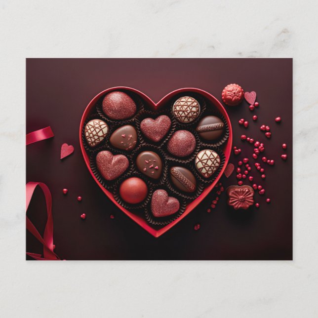 valentine`s day chocolates in a heart shaped box postkarte (Vorderseite)