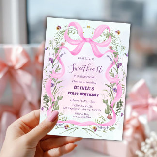 Valentine’s Day Floral Pink Bow First Birthday Einladung