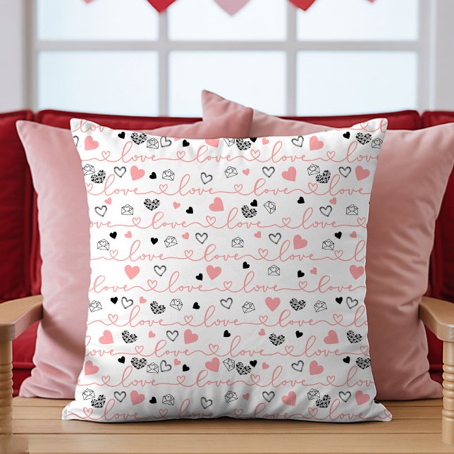 Valentine’s Day Pillow Pink Black Hearts Sketch  Kissen (Valentine’s Day Pillow Pink Black Hearts Sketch Art)