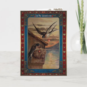 Valentine. Schluckt mit Herzen auf Bändern. Feiertagskarte