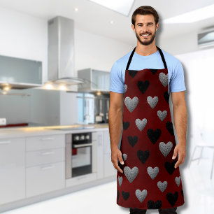 Valentine Silber Schwarze Glitzerherzen auf Burgun Schürze