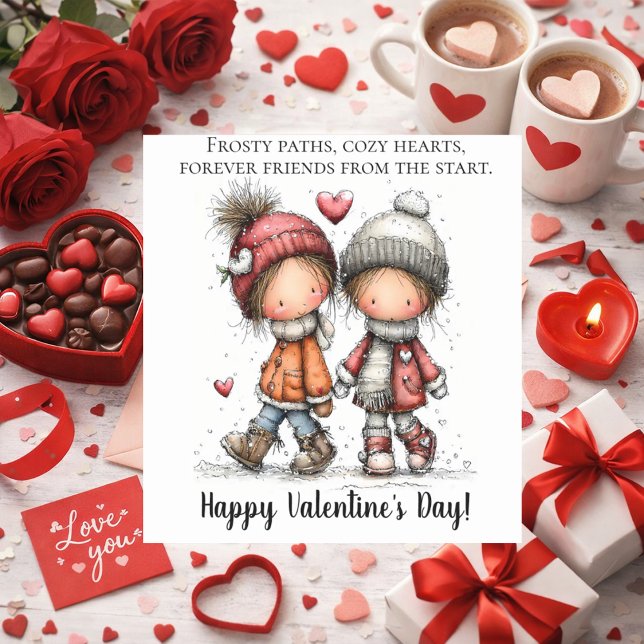 Valentine Snow Walk – Whimsical Kids Quadratischer Aufkleber (Von Creator hochgeladen)