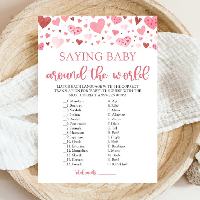 Valentine Sprichwort Baby Rund um das Weltspiel Einladung (Watercolor Pink Red Hearts Valentine Sweetheart Girl Saying Baby Around The World Baby Shower Game)