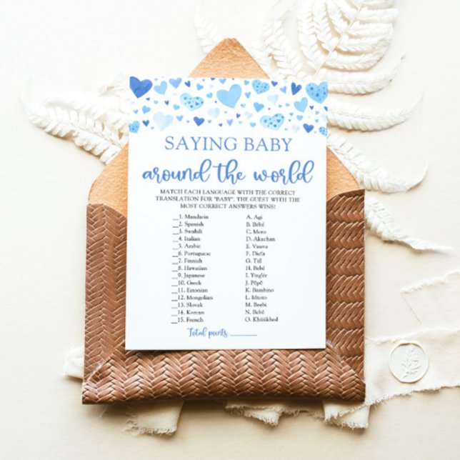 Valentine Sprichwort Baby Rund um das Weltspiel Einladung (Watercolor Cute Blue Hearts Valentine Sweetheart  Boy Saying Baby Around The World Baby Shower Game)
