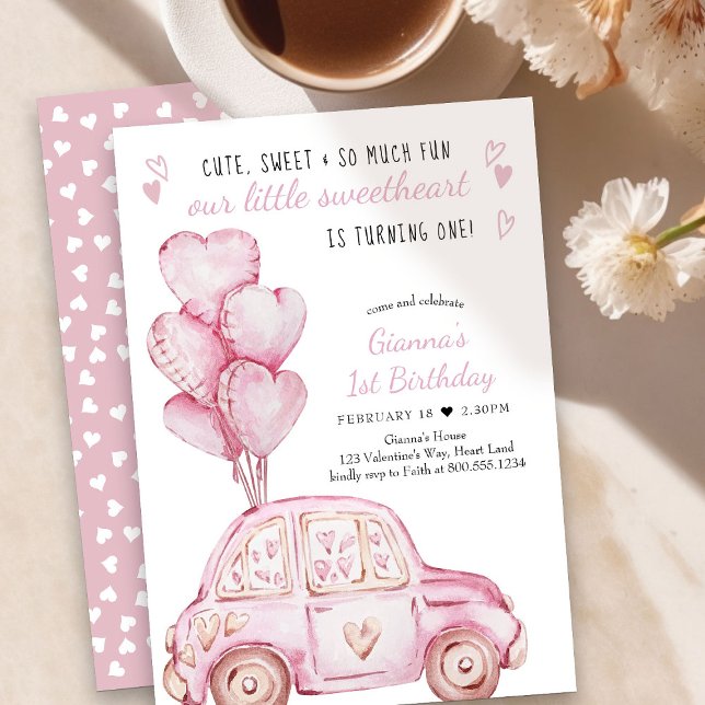 Valentine Sweetheart Pink Balloons 1. Geburtstag Einladung (Little Sweetheart 1st Birthday Invitation - order printed or as printable download)
