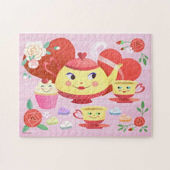 Valentine Teapot, Teacups und Rose mit Herz Puzzle (Horizontal)