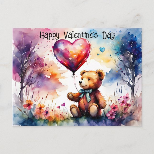 Valentine Teddy-Bär mit einem herzförmigen Ballon Postkarte (Vorderseite)