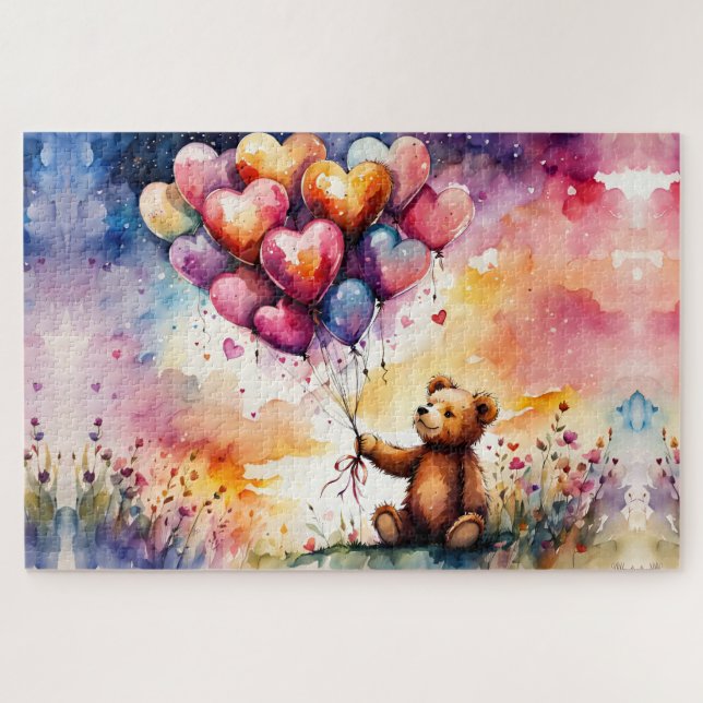 Valentine Teddy Bär mit herzförmigen Ballons Puzzle (Horizontal)