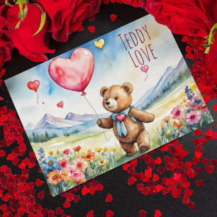 Valentine Teddy Bear Holding Heart Shaped Ballon Feiertagspostkarte