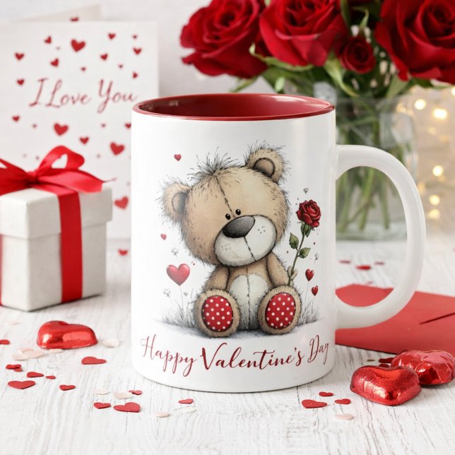 Valentine Teddy Bear with Rose and Hearts Tasse (Von Creator hochgeladen)