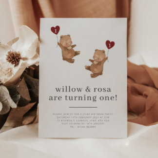 Valentine Twins Bear Einladung zum ersten Geburtst