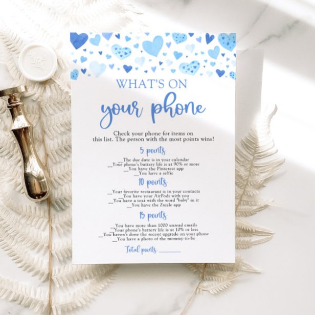 Valentine Was auf Ihrem Handy spielt Einladung (Watercolor Cute Blue Hearts Valentine Sweetheart February Boy What's On Your Phone Baby Shower Game)