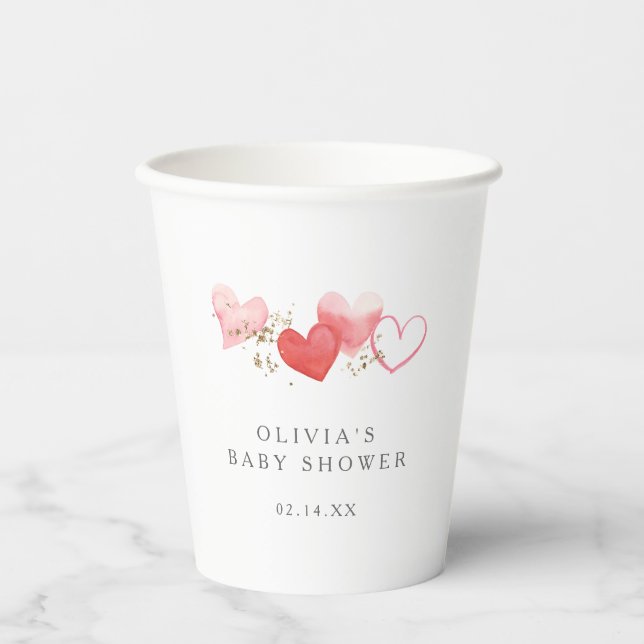 Valentine Watercolor Hearts Girl Babydusche Pappbecher (Vorderseite)