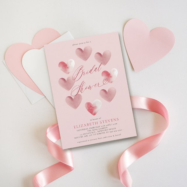 Valentine Whimsical Heart Dusty Pink Brautparty Einladung (valentine bridal shower invitations whimsical hearts watercolor elegant modern love dusty pink)