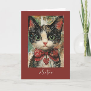 Valentine Whimsical Painterly Cat Red Heart Karte