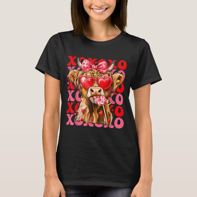 Valentine Xoxo Highland Cow Cute Coquette Bow West T-Shirt (Vorderseite)