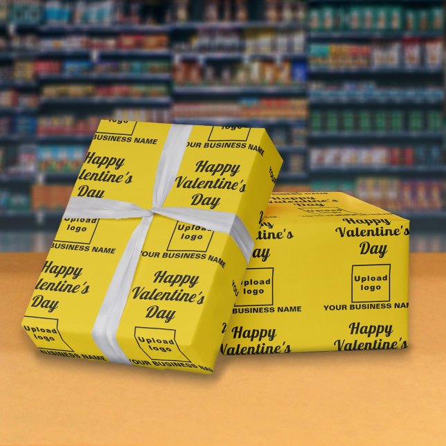 Valentine Yellow Wrapping Paper Geschenkpapier (Business name and logo with Happy Valentine's Day greeting on yellow wrapping paper in store.)