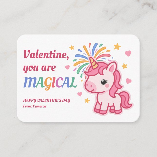 Valentine You Are Magical Kids Unicorn Mitteilungskarte (Vorderseite)