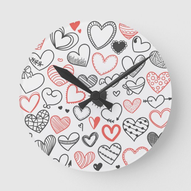 Valentinegekritzelherzen rot und schwarzer Hipster Runde Wanduhr (Vorderseite)