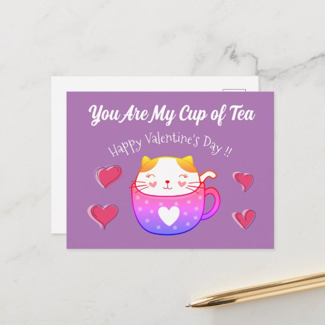 Valentinenkarte mit einer Katze in einer Teetasse Postkarte (Vorderseite/Rückseite Beispiel)