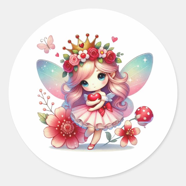 Valentines Adorable Fairy Runder Aufkleber (Vorderseite)