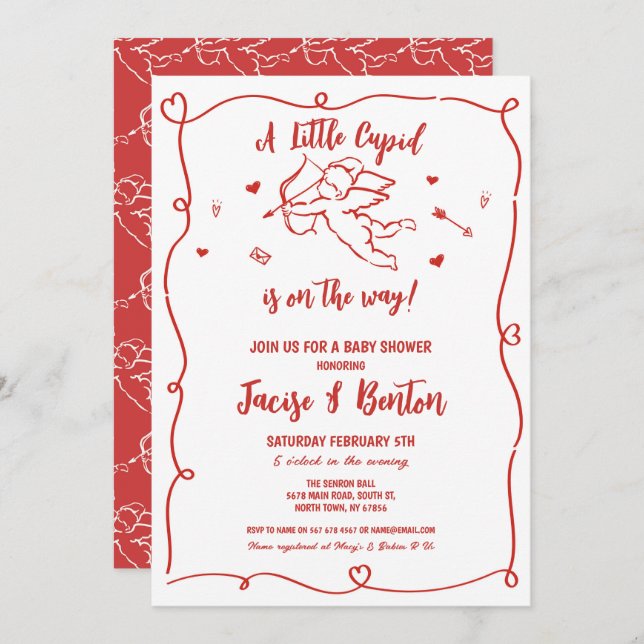 Valentines Baby Shower Cupid Red Boy Liebe Einladung (Vorne/Hinten)