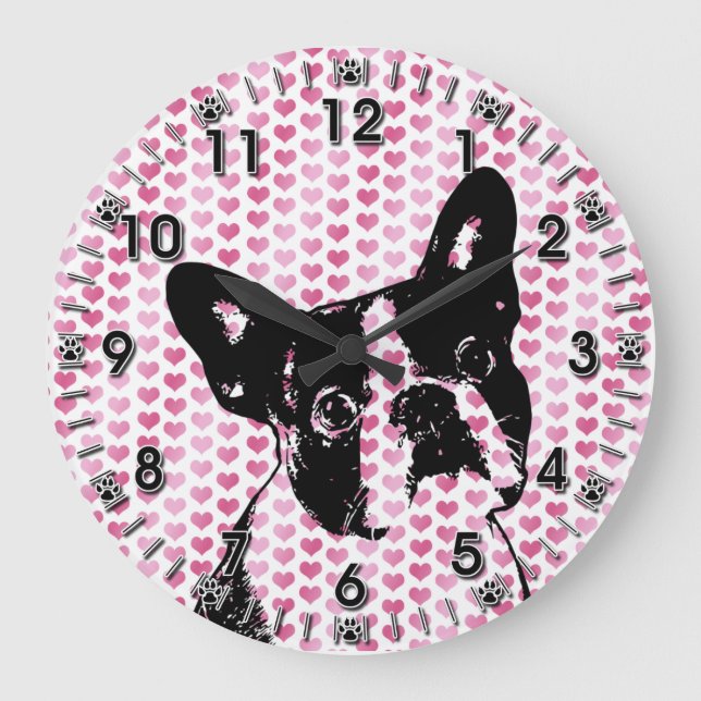 Valentines - Boston Terrier Silhouette Große Wanduhr (Vorderseite)